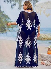 Swim Mulvari 大码宽松印花长袍连衣裙，中东保守风格，时尚沙滩罩衫 - 藍白色 - 查看 2