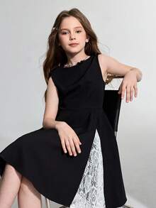 Maija Kids Maija Kids 少女黑色撞色蕾丝无袖优雅连衣裙 - 黑與白 - 查看 6