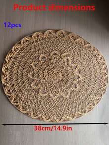 12pcs American Country Style Linen Woven Placemat, Round Plate Mat, Table Decoration Shop, Family Gathering Table Decoration - Khaki - View 11