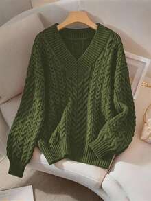 GlowEve CURVE Áo len nữ cỡ lớn, màu trơn, kiểu dáng rộng rãi, tay dài, chất liệu dệt kim, thanh lịch, thích hợp mặc ngoài, mùa thu/đông. - xanh quân đội - Xem 7