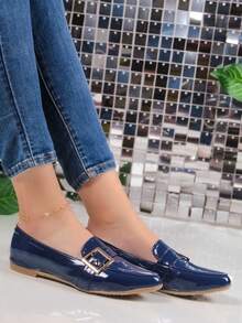 Mocasines para mujer, punta afilada, detalle de hebilla metálica,FORRO PIEL ,planos, estilo minimalista, casual y oficina. - Azul - Ver 3