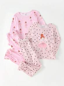 女童睡衣套装 - 两件套睡衣，粉色芭蕾舞印花，圆领长袖上衣+长裤，两件套睡衣，轻薄透气，四季皆宜，适合度假穿着，2026年必备睡前派对休闲礼物，可爱舒适经典款 - 淺粉色 - 查看 6