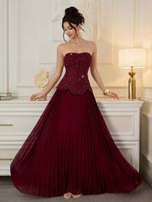 Poshira Women's Elegant Pearl Decor Strapless Formal Evening Gown Burgundy Formal Dress Maroon Formal Dress Wine Red Dress Elegant Evening Dress Strapless Formal Dress Valentines Dress Elegant Dress Sequin Dress Pink Red Dress Floral Dress Carnival  Graduation Ceremony, School Opening, Music Festival, Birthday Party, Wedding, Afternoon Tea Gathering, Ball - Burgundy - View 5