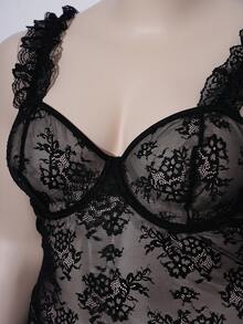 SHEIN 两件套加大码女士性感蕾丝吊袜带吊带裙和丁字裤内衣套装 - 黑色 - 查看 4