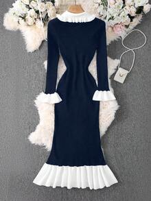 SHEIN Franclia 新款荷叶边针织连衣裙，复古优雅法式风格毛衣连衣裙，适合秋冬季穿着 - 寶藍色 - 查看 2