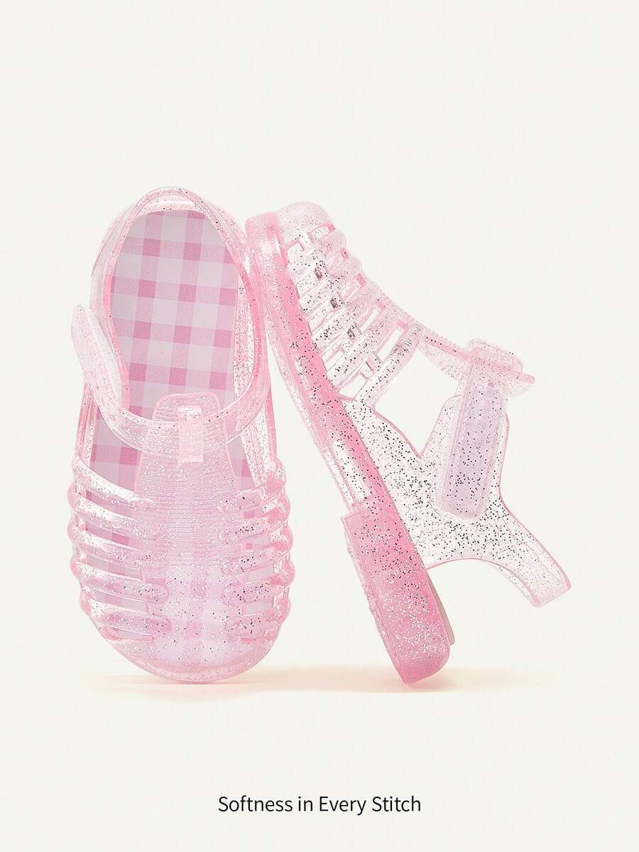 Cozy Pixies 1 Paar modische, vielseitige, süße, verspielt prinzessinrosa transparente, weiche und bequeme Strandkristall-Gitter-Sandalen im Landhaus-Stil - Babypink - Übersicht 1