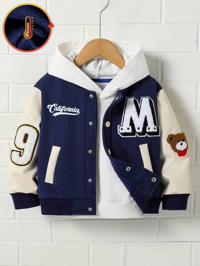 Genkimix Kids Young Girl Navy Blue Patchwork Leather Letter Embroidered Vintage Fleece Baseball Jacket