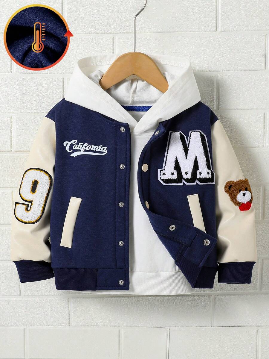 Genkimix Kids Young Girl Navy Blue Patchwork Leather Letter Embroidered Vintage Fleece Baseball Jacket - Royal Blue - View 1