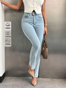 EURMUSE Quần jean denim co giãn cạp cao xẻ gấu ôm sát - Rửa nhẹ - Xem 4