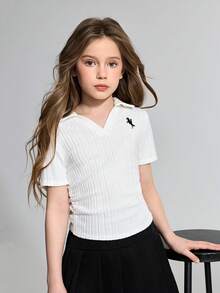 Ontre Tween Girl Ribbed Knit White T-Shirt With Embroidered Pattern And Ruched Collar - White - View 1
