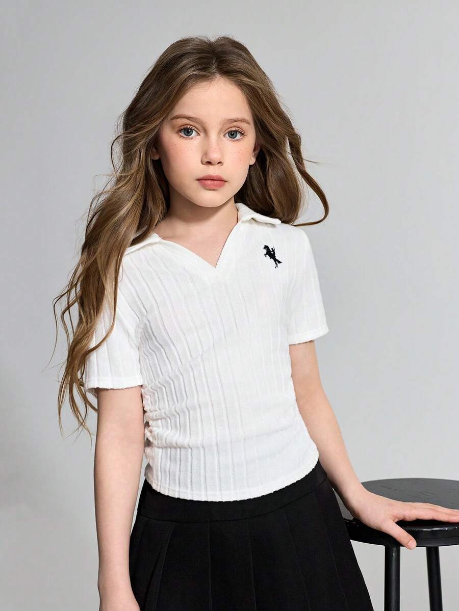 Ontre Tween Girl Ribbed Knit White T-Shirt With Embroidered Pattern And Ruched Collar - White - View 1