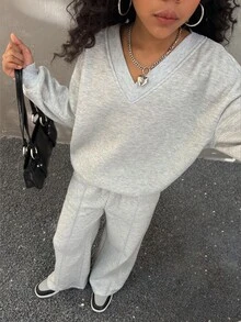 Coolane 女童超大 V 领蓬松柔软弹力宽松运动衫和运动裤两件套，秋冬 - 灰色 - 查看 5