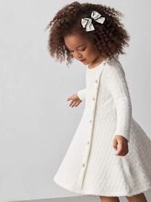 Maija Kids Young Girl Knitted Ribbed Apricot Pearl Button Decor Round Neck Long Sleeve Casual Dress - Apricot - View 3