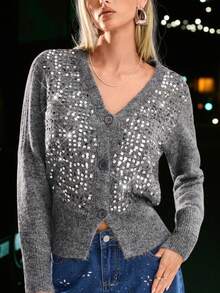 Avantive Áo len dài tay cổ chữ V thiết kế sequin, cài nút phía trước, thời trang đa năng cho nữ, mùa thu/đông - Xám - Xem 1