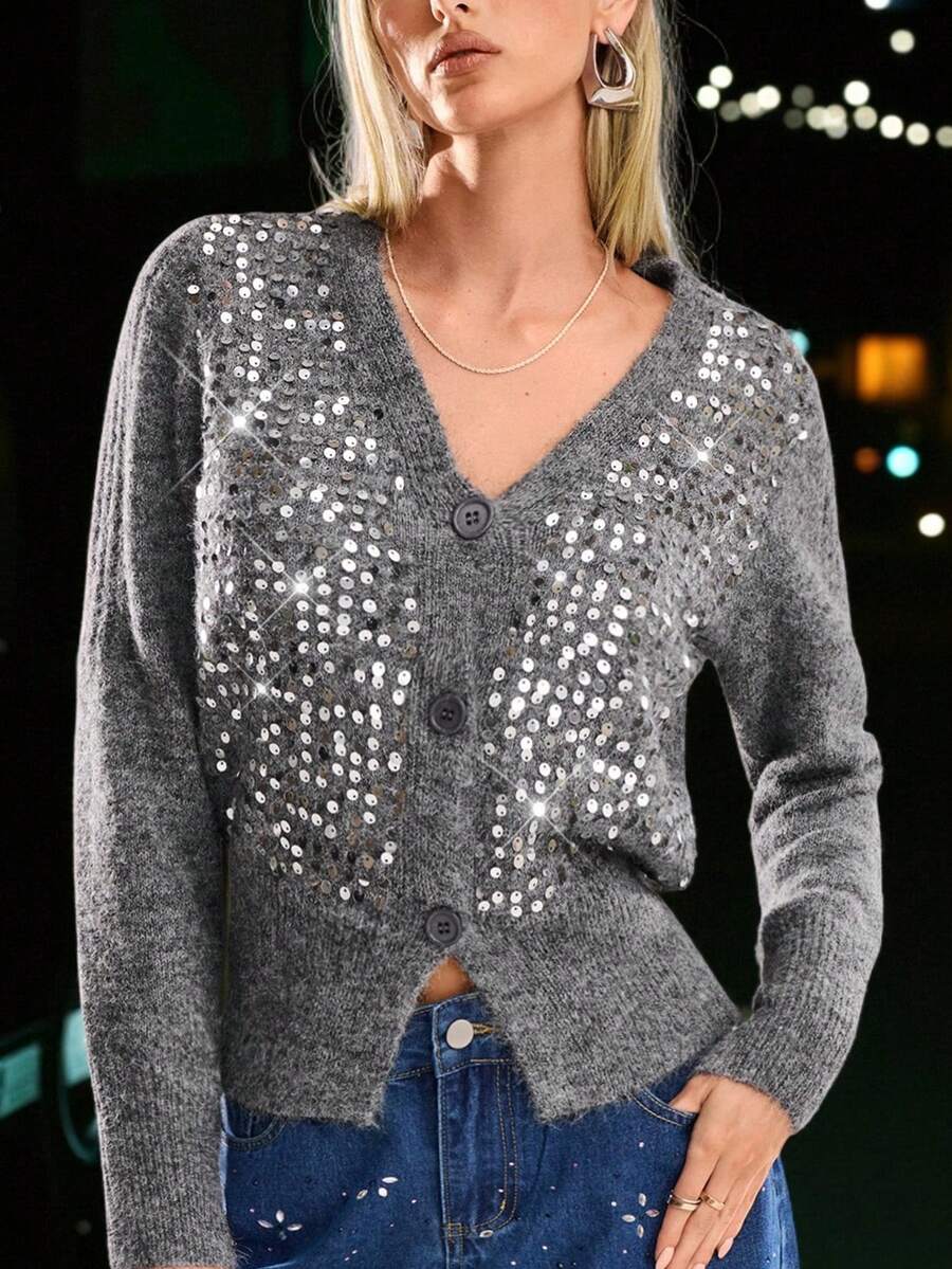 Avantive Áo len dài tay cổ chữ V thiết kế sequin, cài nút phía trước, thời trang đa năng cho nữ, mùa thu/đông - Xám - Xem 1