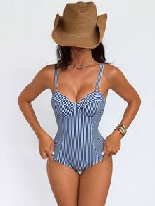 Shapewave 女士蓝白条纹拼接抽绳露背聚拢收腹连体泳衣，显瘦腰身，适合海滩、度假、派对等场合 - 藍白色 - 查看 6