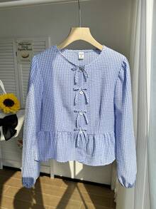 圆领长袖休闲度假衬衫，饰有蝴蝶结，可爱蝴蝶结装饰，荷叶边下摆，宽松常规蓝色条纹荷叶边袖衬衫，适合春/秋/夏季日常休闲穿着，长袖上衣