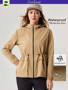 OutZeal Women Outdoor Jacket Hiking Camping Water-Resistant Windproof Drawstring Waist Zip Pocket Hooded Outdoor Top Spring Fall - Khaki - View 1
