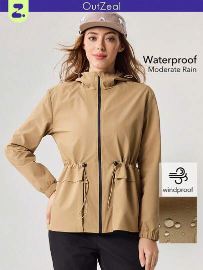 OutZeal 女士户外夹克 徒步露营 防水防风 抽绳腰带 拉链口袋 连帽户外上衣 春秋季