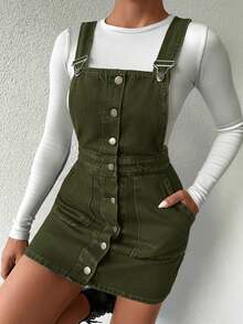 Women's Casual Single-Breasted Pocket Strap Denim Dress, Versatile For Autumn - Khaki - View 5