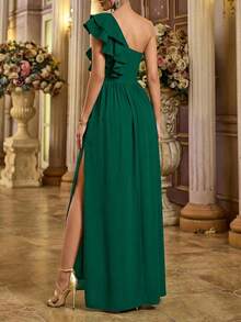 KKMALL Vestido Largo Con Escote Asimétrico Y Abertura En Pierna - Verde - Ver 2