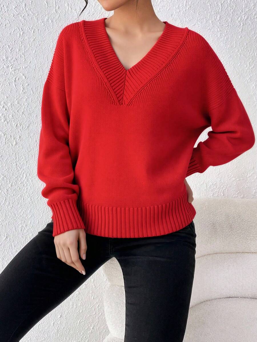 "Suéter de Tejido de Ribs con Cuello en V y Corte Amplio - Detalles de Bordes Ajustados, Abrasador y Versátil para Ocasiones Cotidianas" - Rojo - Ver 1