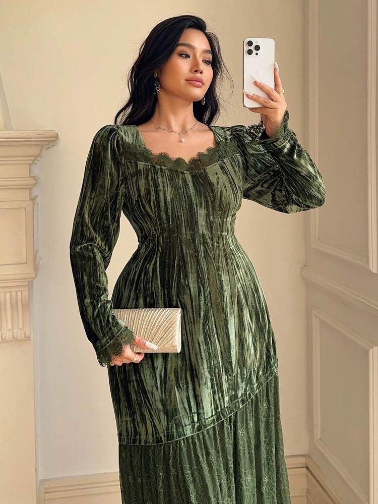 Dazy Plus Plus Size Velvet Contrast Lace Square Neck Wrap Dress With Mesh Hem, Elegant Long Sleeve Evening Gown Prom Dress