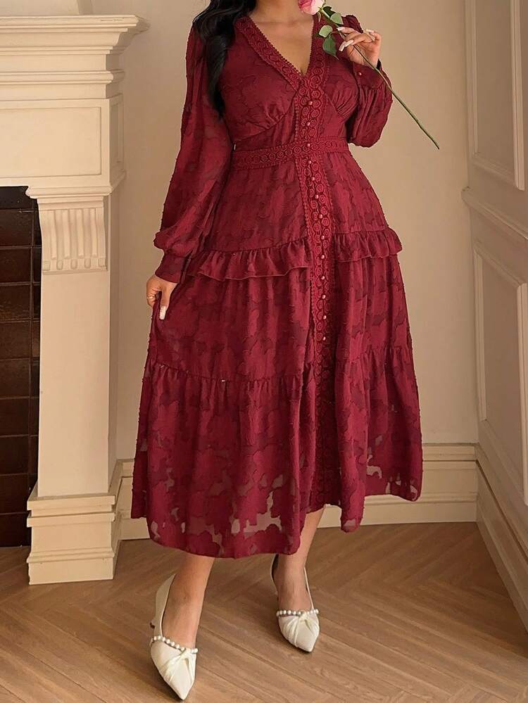 Dazy Plus Valentine Plus Size Women V-Neck Elastic Fitted Elegant Lace Red Party/Date Dress, Spring/Autumn Maxi Dress Sundress