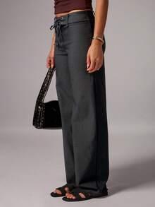 Avenya Women's Casual Versatile Commuting Wide Leg Pants With Eyelet Lace-Up Design