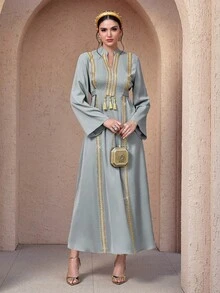 Al Najma Women's V-Neck Ribbon Design Elegant Arabic Dress - Multicolor - View 5