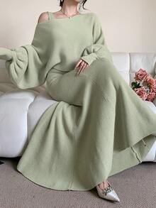 DAZY Bộ 2 món váy không tay trơn màu thanh lịch và áo len tay bồng cho nữ, Thu/Đông - màu xanh lá - Xem 1