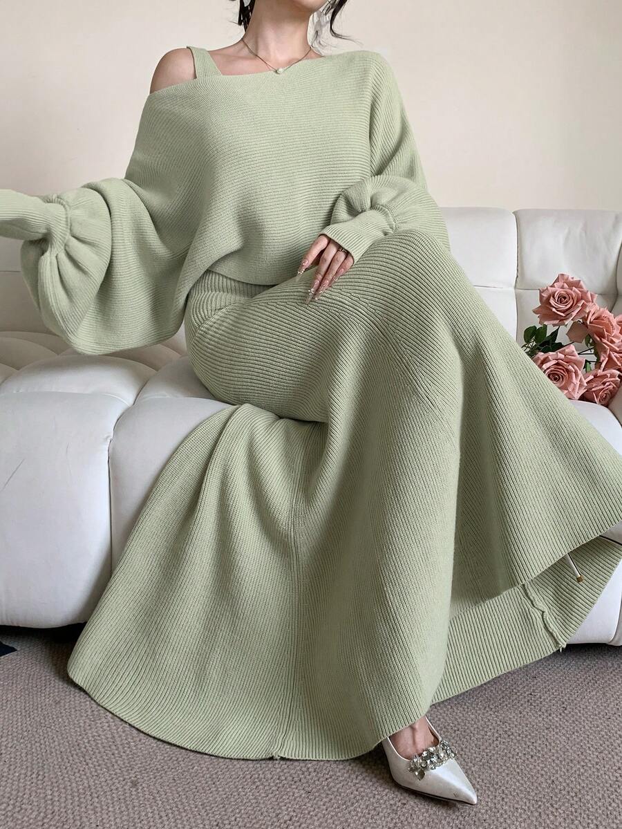 DAZY Bộ 2 món váy không tay trơn màu thanh lịch và áo len tay bồng cho nữ, Thu/Đông - màu xanh lá - Xem 1