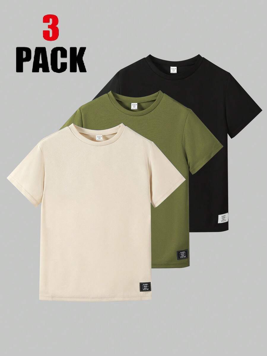 SHEIN 3pcs Tween Boy Crew Neck Short Sleeve T-Shirts With Graphic Decor, Spring & Summer Summer Holiday - Army Green - View 1