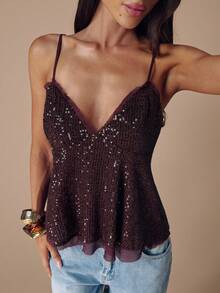 SHEIN BAE 秋冬纯色性感深V领深棕色亮片吊带女上衣，亮片女式吊带背心，秋冬汗衫，派对鸡尾酒会场合 - 棕色 - 查看 6