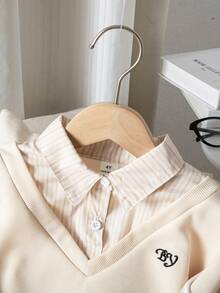 SHEIN Young Girl Letter Embroidery Striped Patchwork Shirt Collar Casual Sweatshirt - Apricot - View 7