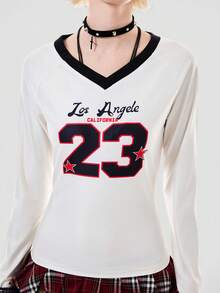 Bloopia Kaos Lengan Panjang Slim Fit Wanita Model Retro Leher V dengan Cetakan Huruf & Angka 23 - Aprikot - View 7