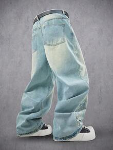 Manfinity Denimwave 男士休闲印花做旧直筒牛仔裤 - 淺色水洗藍 - 查看 2