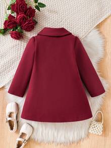 SHEIN Elladie kids 女童黑色双排扣荷叶领大衣 女童外套 女童针织外套 女童彼得潘外套 秋冬女童连衣裙 - 酒紅色 - 查看 2