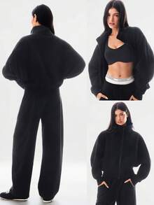 GLOWMODE Everyday Fleece Warmth Whisperer Soft Warm Lightweight Front Back Seam Detailing Pockets Batwing Sleeve High Neckline Full-Zip Jacket Autumn Winter Daily Casual - Black - View 8