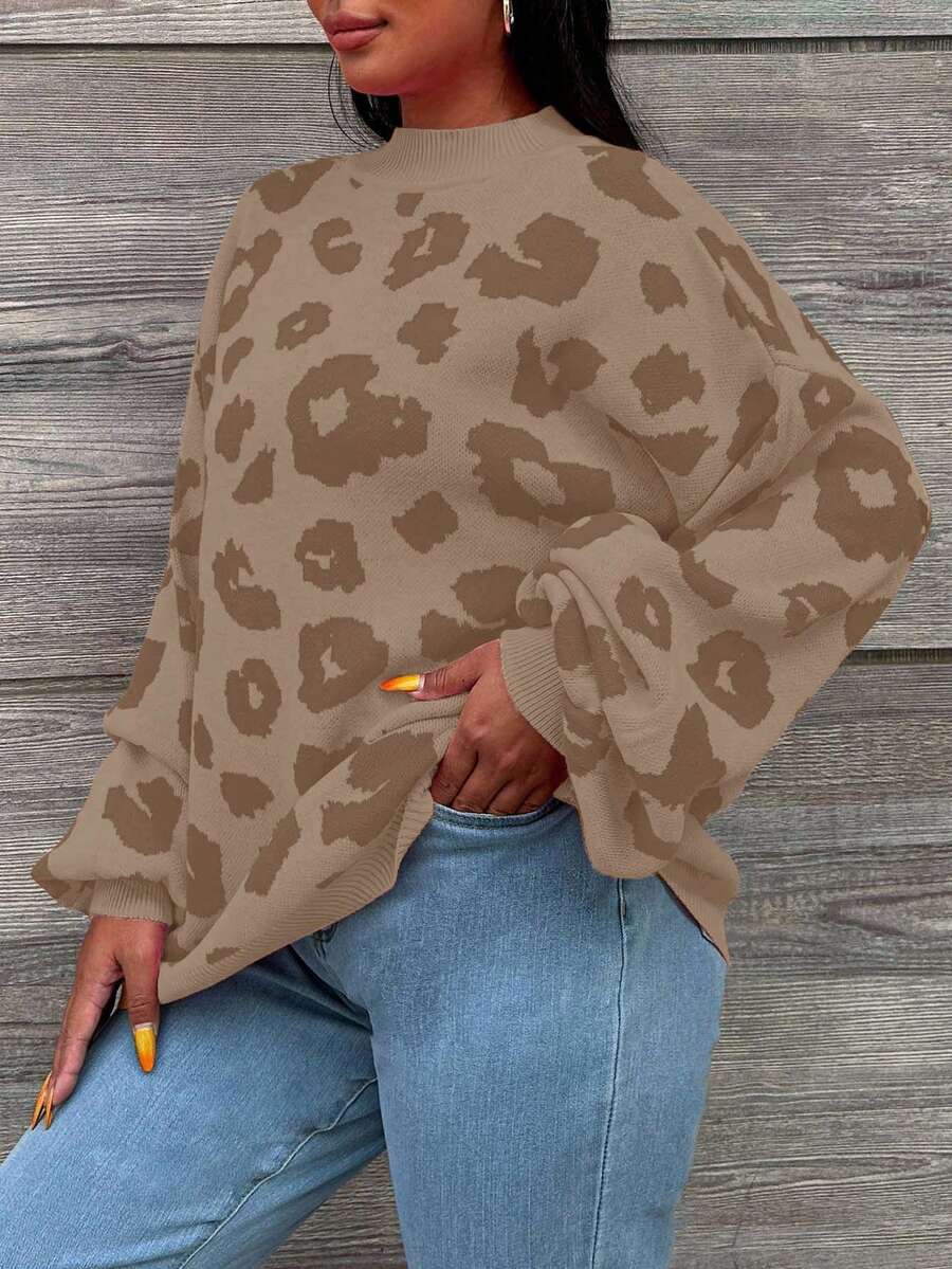SHEIN Cottnline Plus Size Women's Leopard Print Stand Collar Sweater Pullover - Brown - View 1