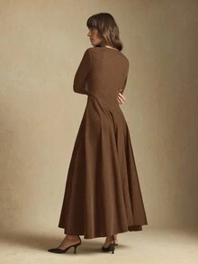 BizChic 2026春夏新款棕色圆领不对称剪裁缎面拼接飘逸下摆女装，现代优雅都市通勤日常浪漫90年代复古风圣诞节新年情人节派对海滩毕业典礼时尚嘉年华假日百搭简约浪漫，适合婚礼宾客、主人、约会、派对、音乐会、早午餐、机场等多种场合。 - 棕色 - 查看 3