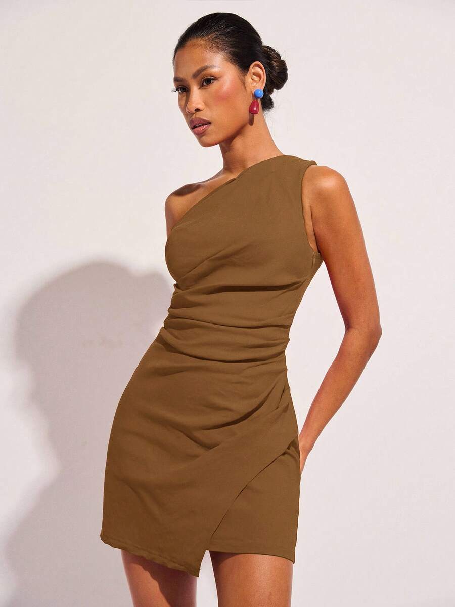 COSMINA Women's Solid Color Sleeveless Ruched Mini Dress, Brown Dress, Brown Wedding Guest Dress, Earth Tone Dress - Brown - View 1