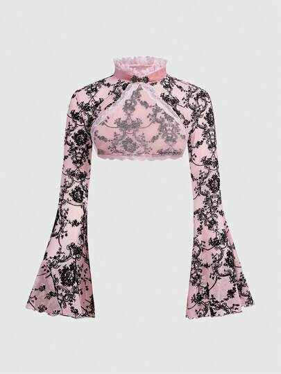 Goth Cardigan retrò da donna con maniche a sbuffo e spacchi, con motivo floccato a viticci, versatile in stile gotico