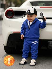 SHEIN 2pcs/Set Baby Boy Letter Print Hooded Sweatshirt And Elastic Waist Letter Print Pants, Suitable For Outings, Casual Wear, Autumn And Winter, Baby Boy Outfit, Gray Sweatshirt Set Baby Boy Sweatsuit Baby Tracksuit Baby Car Outfit Blue Baby Boy Street Wear - Blue - View 9