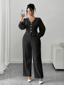 Elenzga Bộ đồ 2 mảnh thanh lịch dành cho nữ cỡ lớn, màu trơn, cổ chữ V, chất liệu chiffon, tay dài, phối họa tiết, có túi giả và quần ống rộng. - màu đen - Xem 5