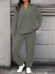 Calvaya Bộ 2 món áo thun dài tay trơn màu trễ vai cỡ lớn dành cho nữ - xanh quân đội - Xem 4