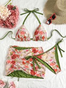 Soleia Plus Size Women Floral Print Contrast Green Bikini 3 Pieces Set - Multicolor - View 1