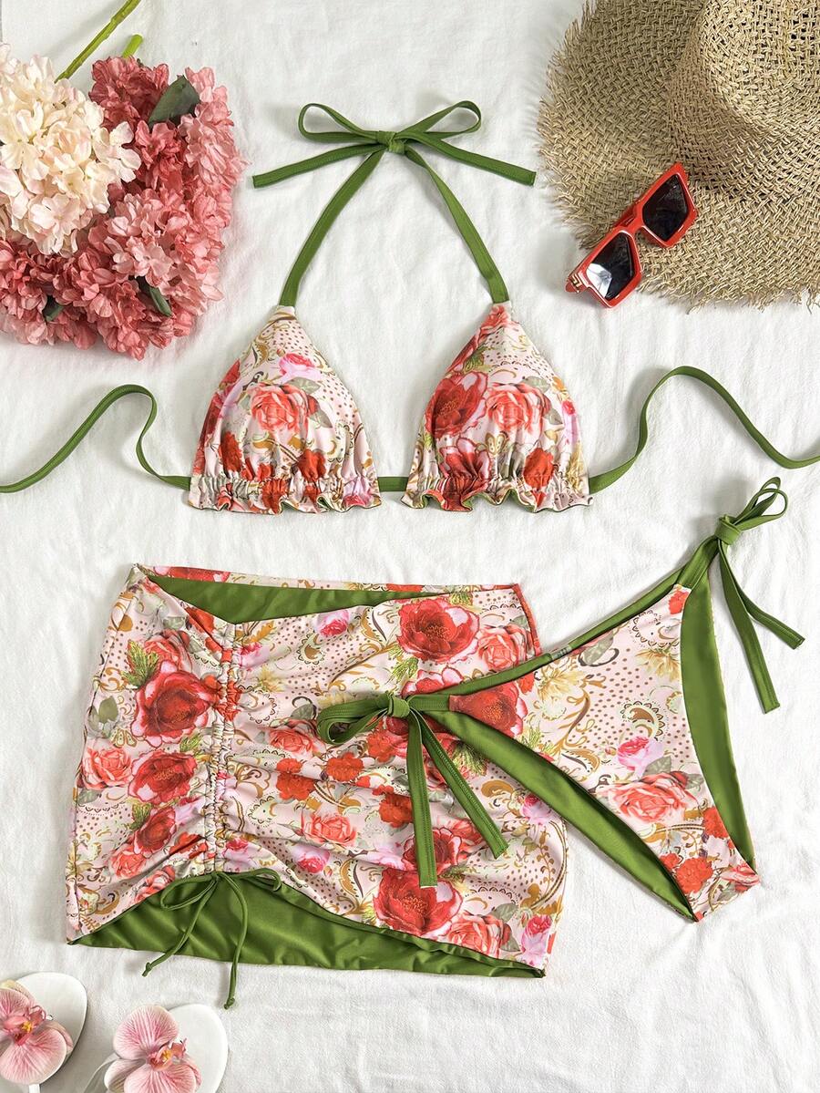 Soleia Plus Size Women Floral Print Contrast Green Bikini 3 Pieces Set - Multicolor - View 1