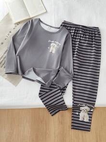 2pcs/Set Tween GirlsPlaid Pants & English Letter Print Long Sleeve Casual Homewear Set Grey Pajama Set Tween Girls Pajamas-Pajama Set Gray Striped Puppy Print Round Neck Long Sleeve Top With Pants Stylish Playful Design Comfortable Loungewear Four Season Sleepwear 2026 New Year Essential - Grey - View 7