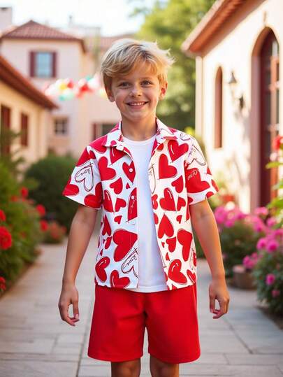 Set de 2 piezas de camisa con estampado numérico y de corazón y pantalones jogger de cintura elástica para niños preadolescentes, corte holgado, adecuado para primavera, verano, otoño, uso diario, fiesta de cumpleaños, actividades escolares, reuniones familiares, Día de San Valentín